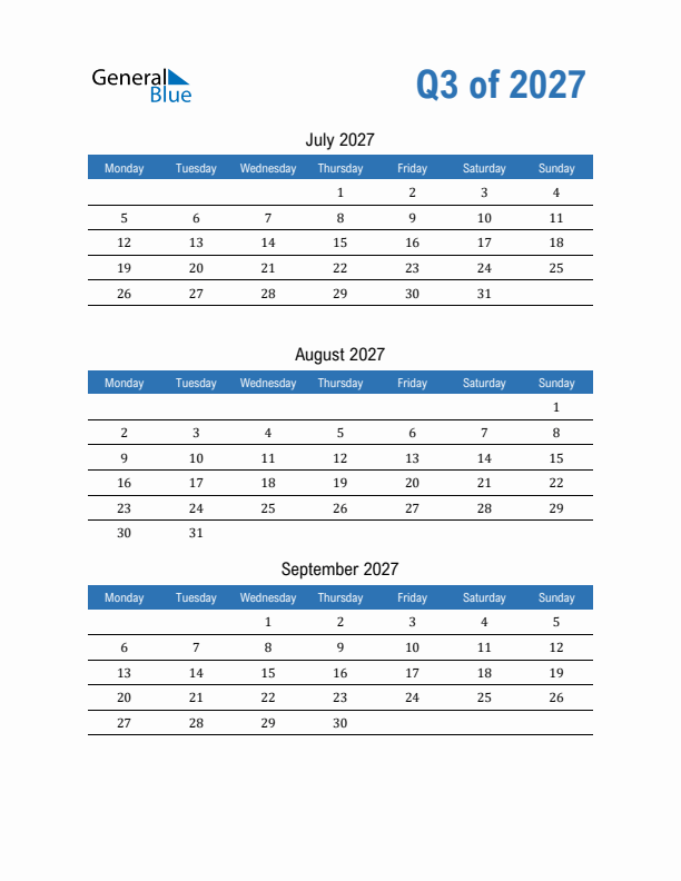 Fillable Quarterly Calendar for Q3 2027