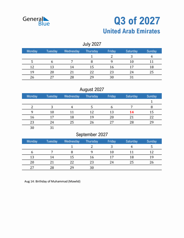 United Arab Emirates Q3 2027 Quarterly Calendar with Monday Start