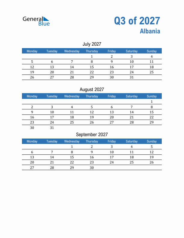 Albania Q3 2027 Quarterly Calendar with Monday Start