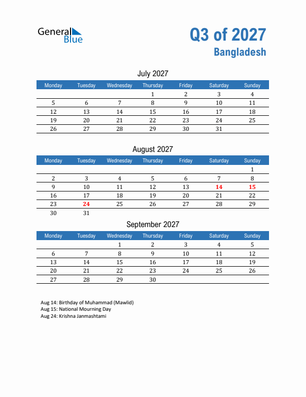 Bangladesh Q3 2027 Quarterly Calendar with Monday Start