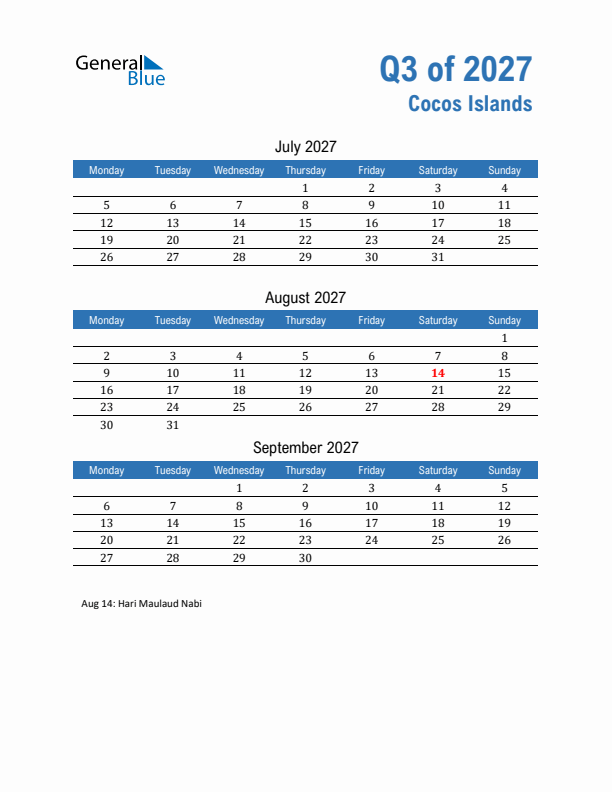 Cocos Islands Q3 2027 Quarterly Calendar with Monday Start