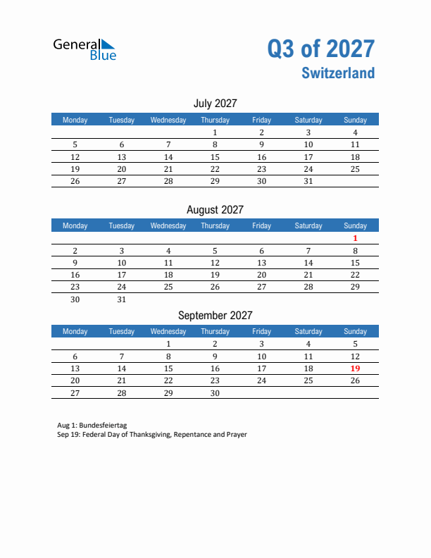 Switzerland Q3 2027 Quarterly Calendar with Monday Start