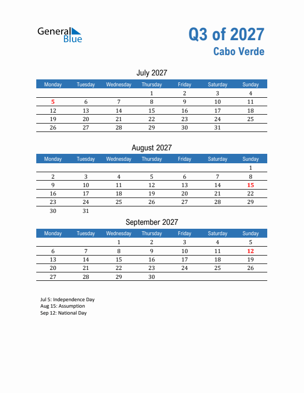 Cabo Verde Q3 2027 Quarterly Calendar with Monday Start