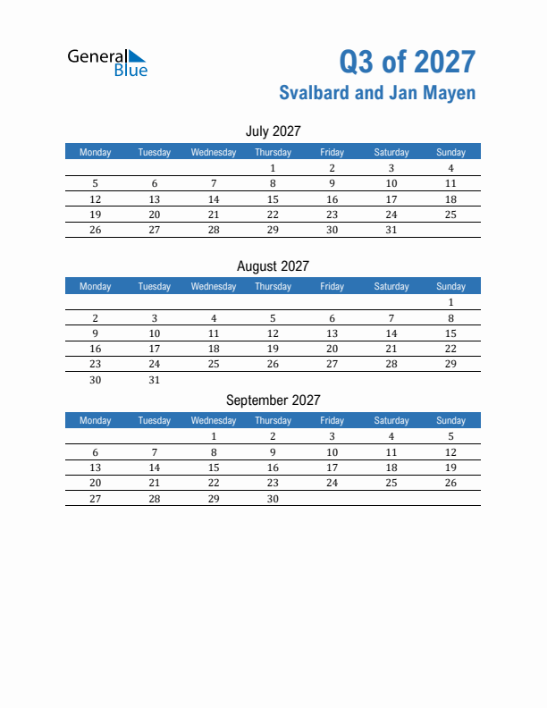 Svalbard and Jan Mayen Q3 2027 Quarterly Calendar with Monday Start