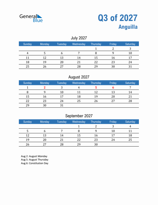 Anguilla Q3 2027 Quarterly Calendar with Sunday Start