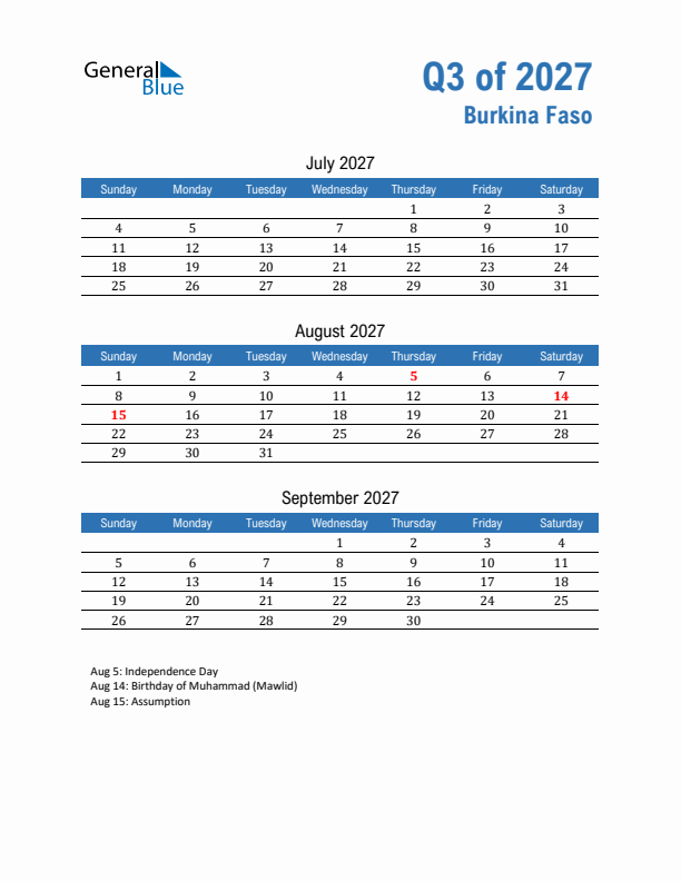 Burkina Faso Q3 2027 Quarterly Calendar with Sunday Start