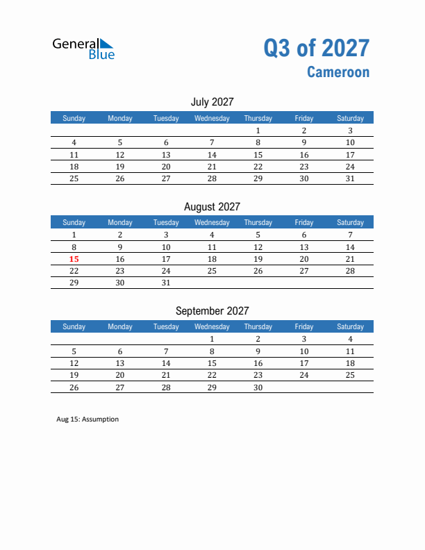 Cameroon Q3 2027 Quarterly Calendar with Sunday Start