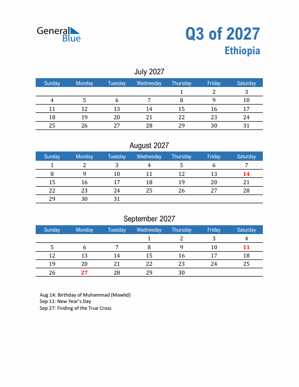 Ethiopia Q3 2027 Quarterly Calendar with Sunday Start