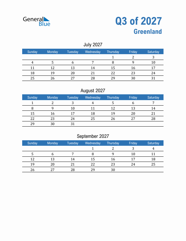 Greenland Q3 2027 Quarterly Calendar with Sunday Start