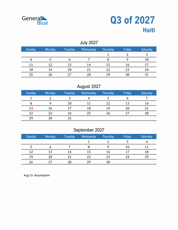 Haiti Q3 2027 Quarterly Calendar with Sunday Start