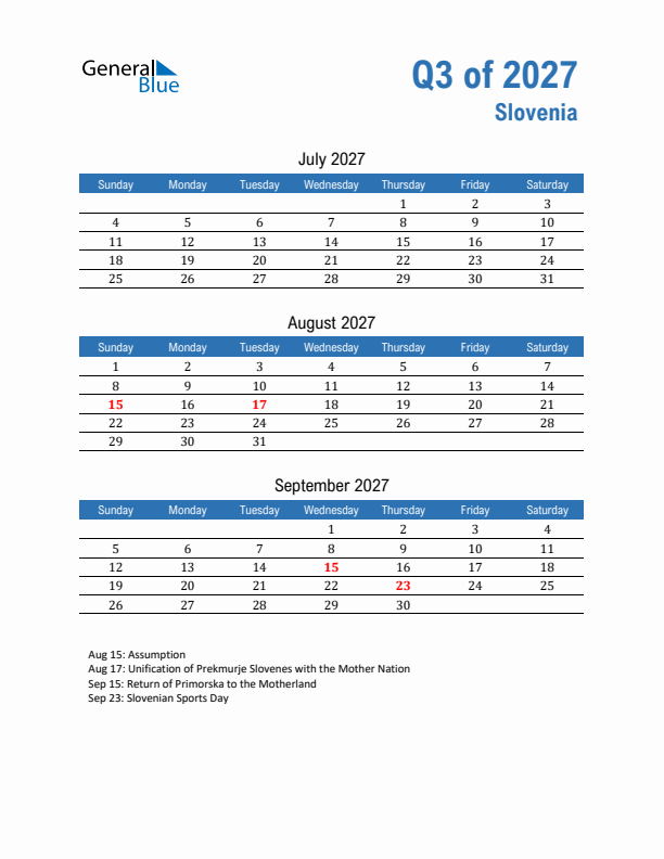 Slovenia Q3 2027 Quarterly Calendar with Sunday Start