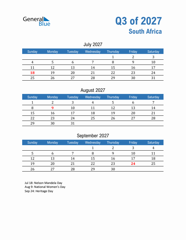 South Africa Q3 2027 Quarterly Calendar with Sunday Start