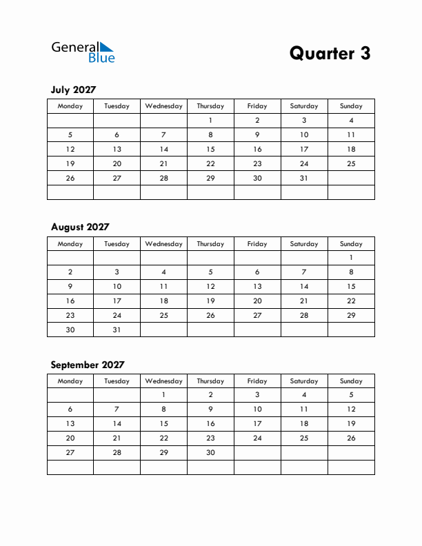 Quarter 3 2027 Calendar - Monday Start