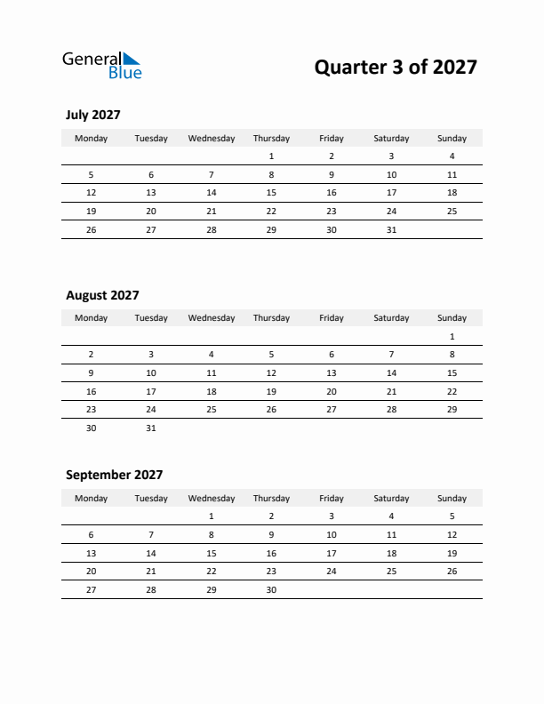 2027 Three-Month Calendar (Quarter 3)