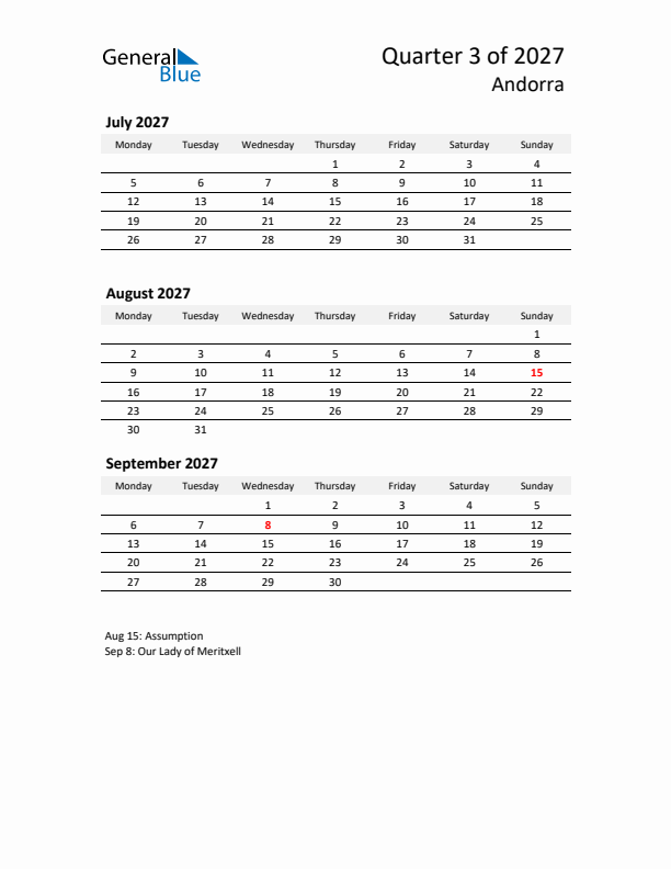 2027 Q3 Three-Month Calendar for Andorra