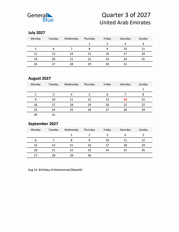 2027 Q3 Three-Month Calendar for United Arab Emirates