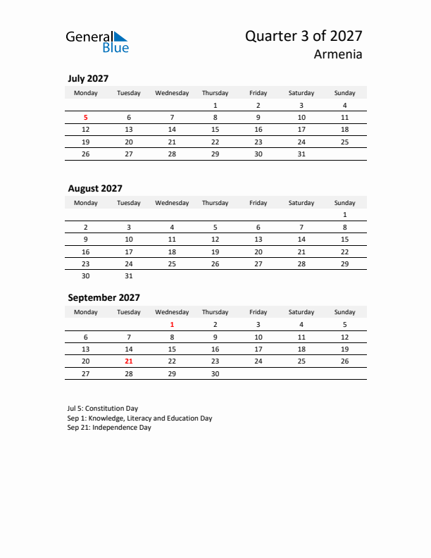 2027 Q3 Three-Month Calendar for Armenia