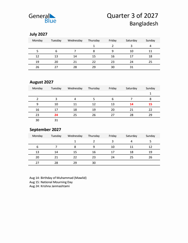 2027 Q3 Three-Month Calendar for Bangladesh