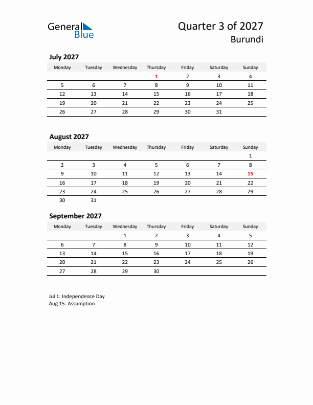 2027 Q3 Three-Month Calendar for Burundi