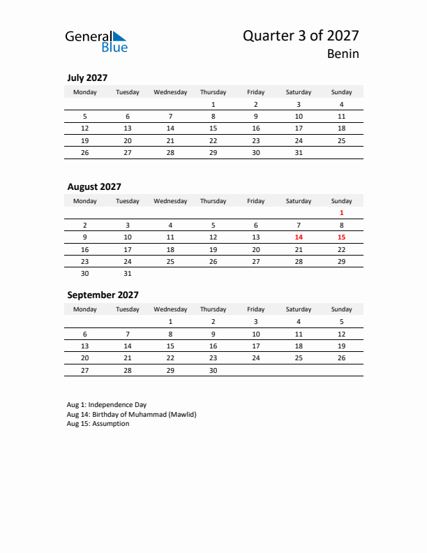 2027 Q3 Three-Month Calendar for Benin