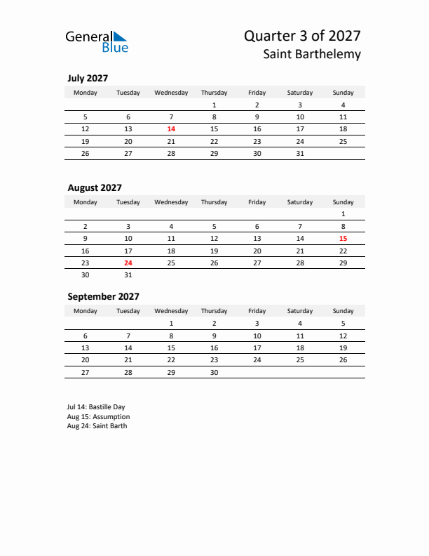 2027 Q3 Three-Month Calendar for Saint Barthelemy