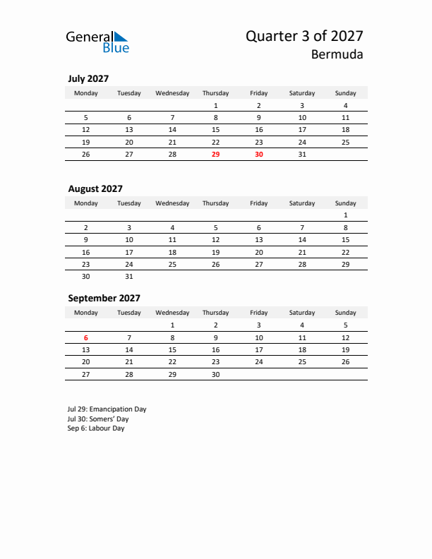 2027 Q3 Three-Month Calendar for Bermuda