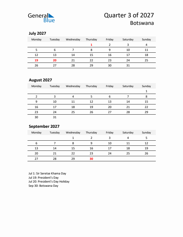 2027 Q3 Three-Month Calendar for Botswana