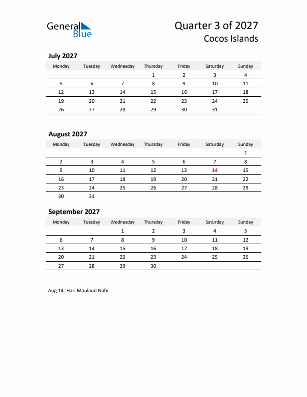 2027 Q3 Three-Month Calendar for Cocos Islands