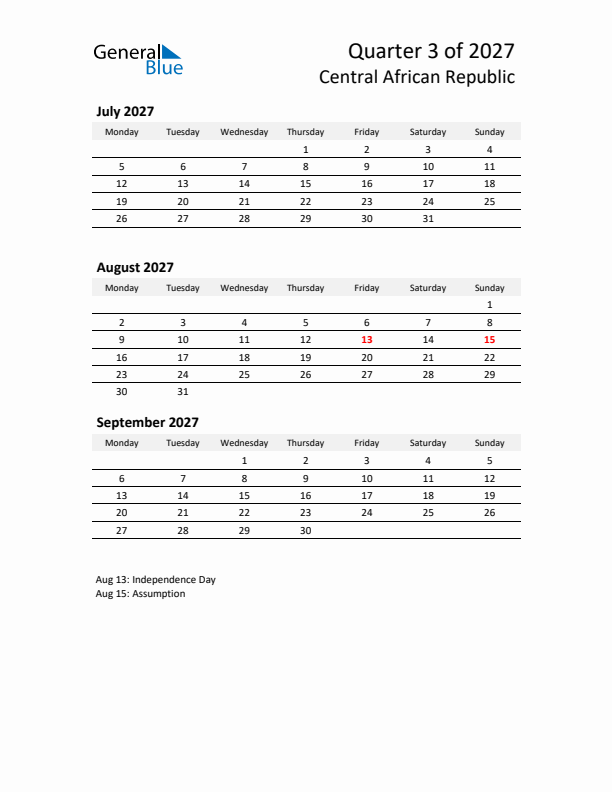 2027 Q3 Three-Month Calendar for Central African Republic