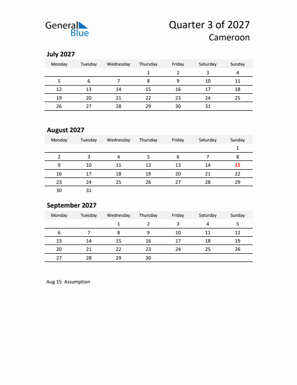 2027 Q3 Three-Month Calendar for Cameroon