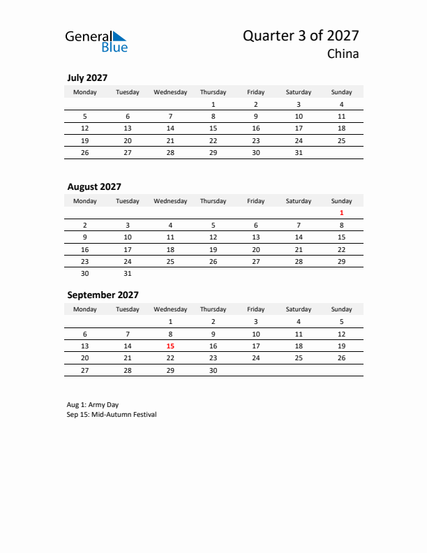 2027 Q3 Three-Month Calendar for China