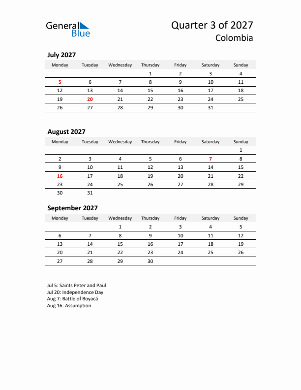 2027 Q3 Three-Month Calendar for Colombia