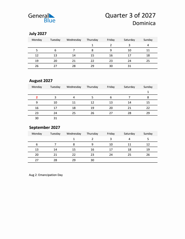 2027 Q3 Three-Month Calendar for Dominica