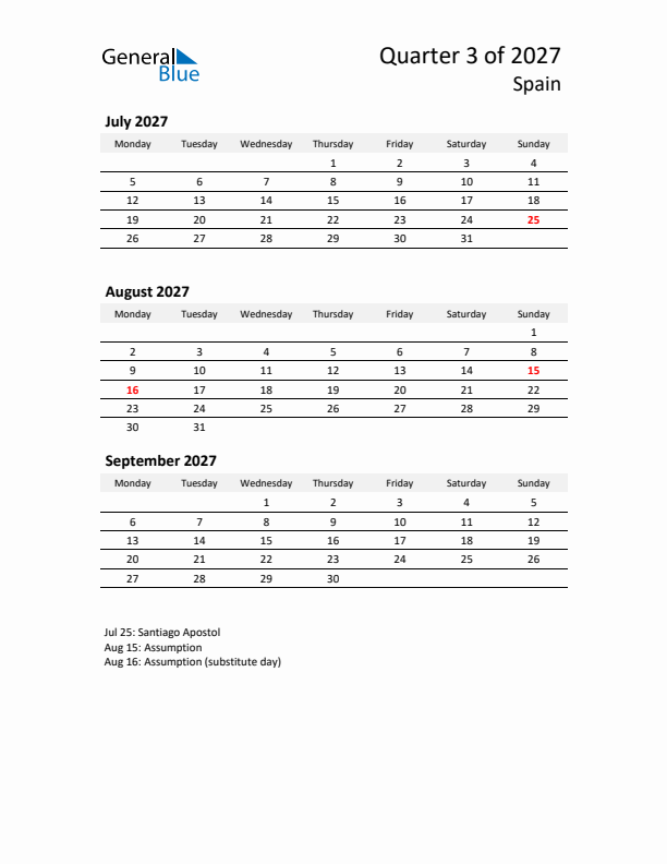 2027 Q3 Three-Month Calendar for Spain