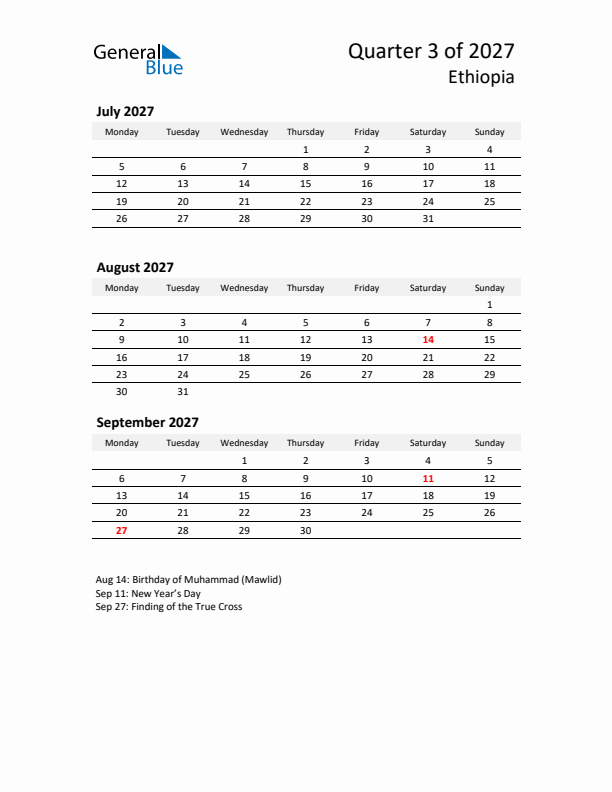 2027 Q3 Three-Month Calendar for Ethiopia