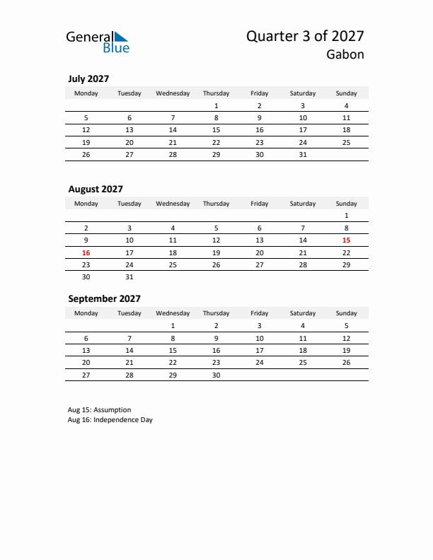 2027 Q3 Three-Month Calendar for Gabon