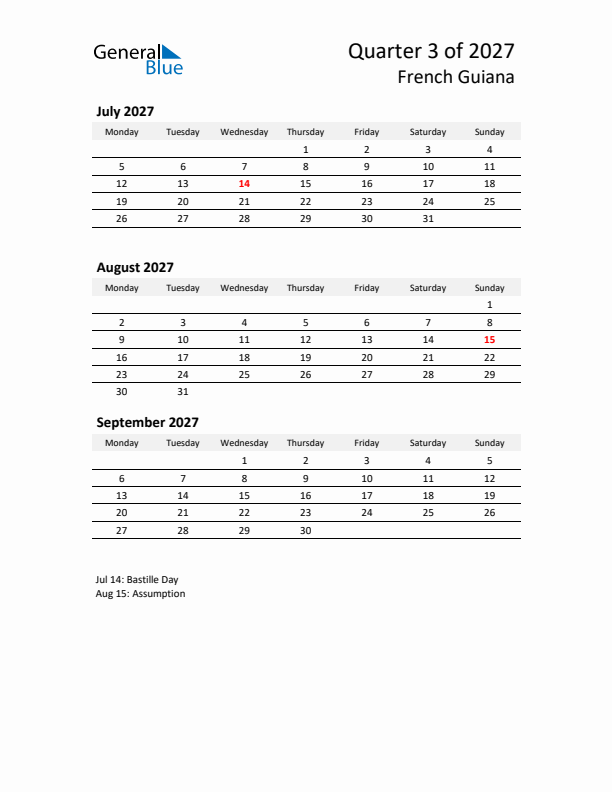 2027 Q3 Three-Month Calendar for French Guiana