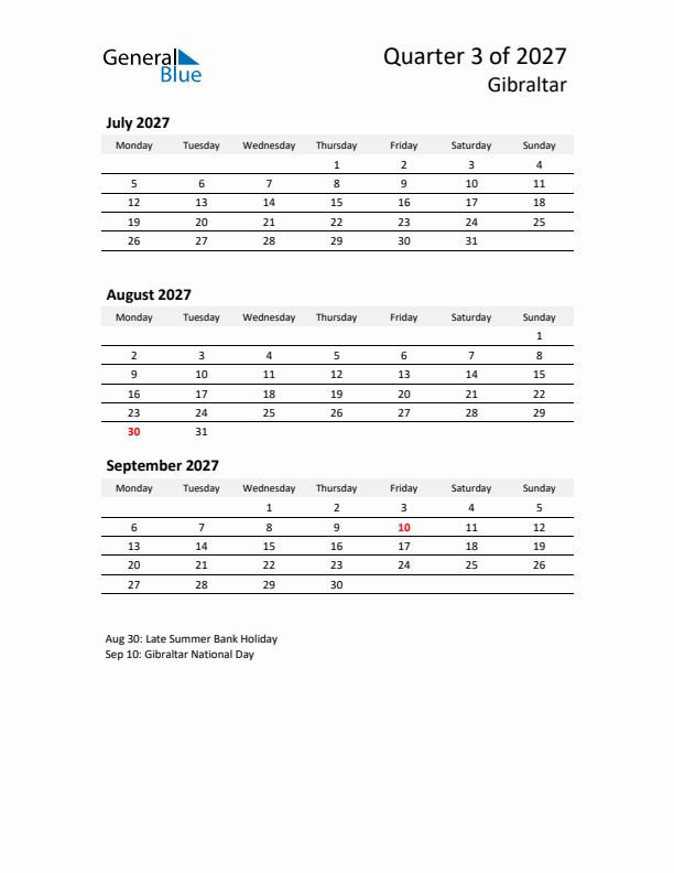 2027 Q3 Three-Month Calendar for Gibraltar