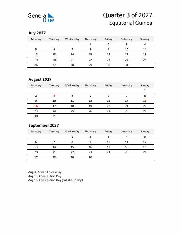 2027 Q3 Three-Month Calendar for Equatorial Guinea