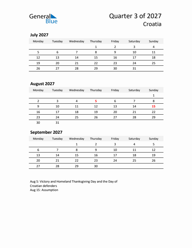 2027 Q3 Three-Month Calendar for Croatia