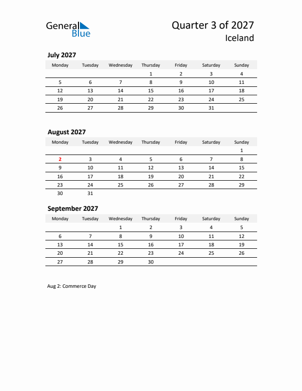 2027 Q3 Three-Month Calendar for Iceland