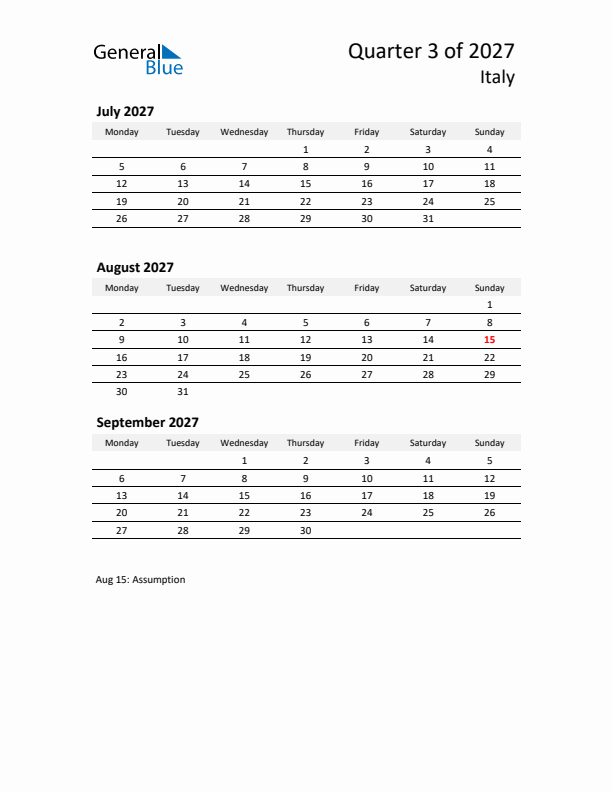 2027 Q3 Three-Month Calendar for Italy