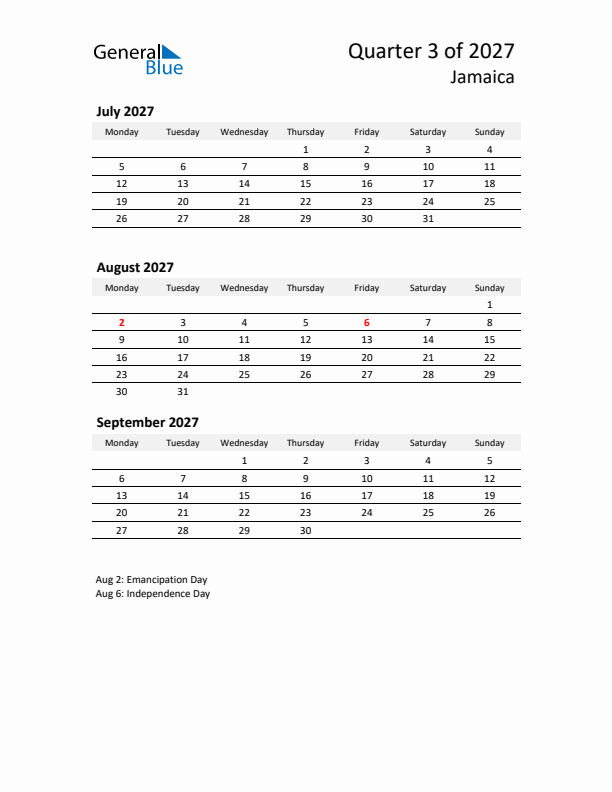 2027 Q3 Three-Month Calendar for Jamaica