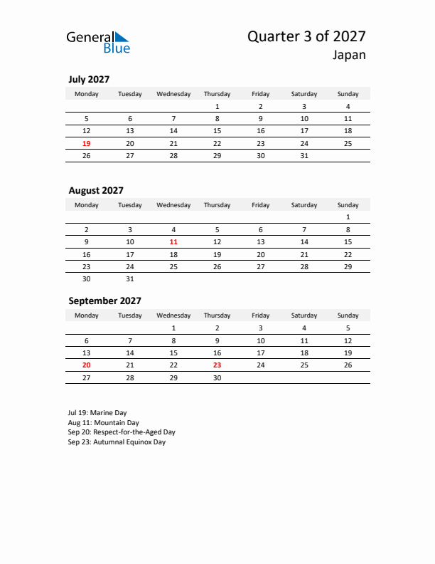 2027 Q3 Three-Month Calendar for Japan