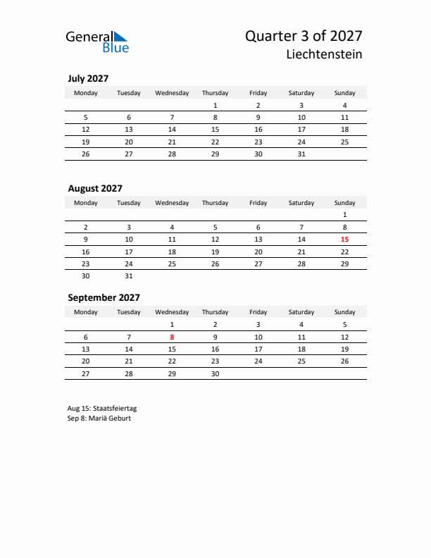 2027 Q3 Three-Month Calendar for Liechtenstein