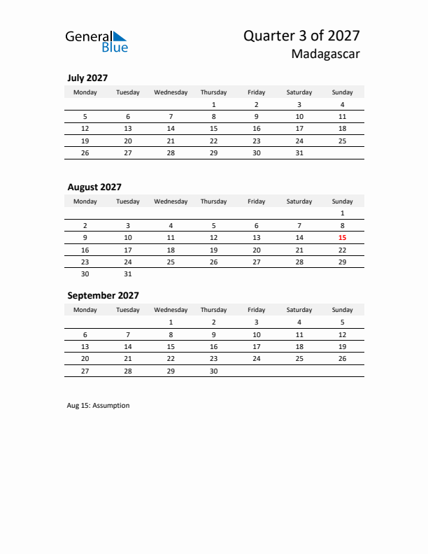 2027 Q3 Three-Month Calendar for Madagascar