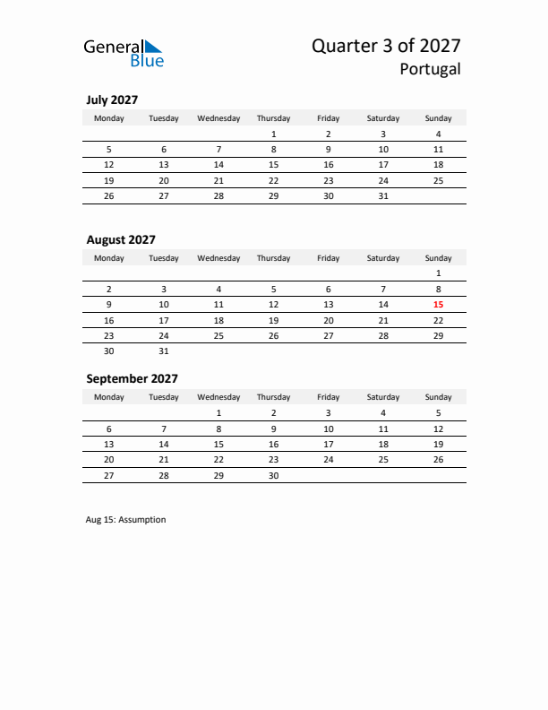 2027 Q3 Three-Month Calendar for Portugal