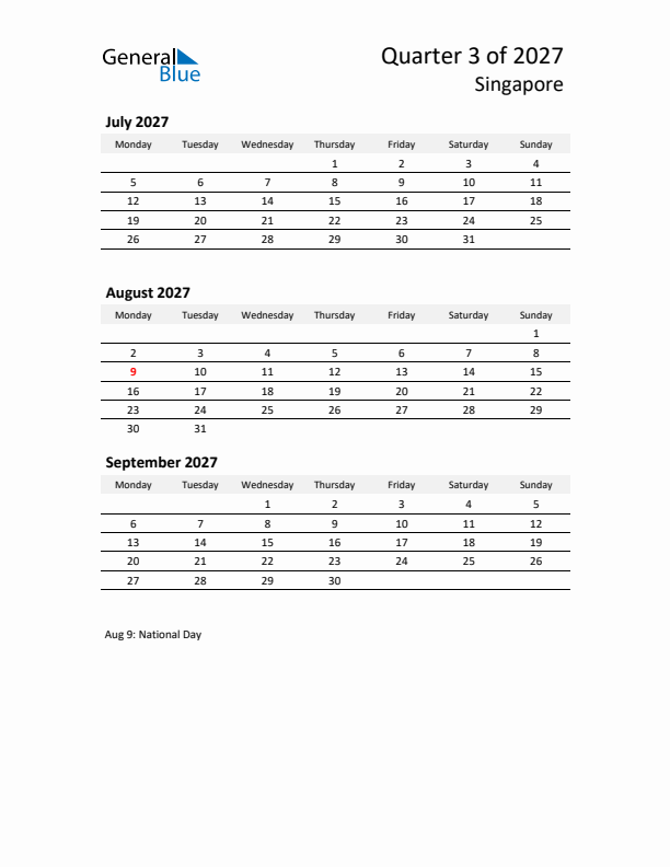 2027 Q3 Three-Month Calendar for Singapore