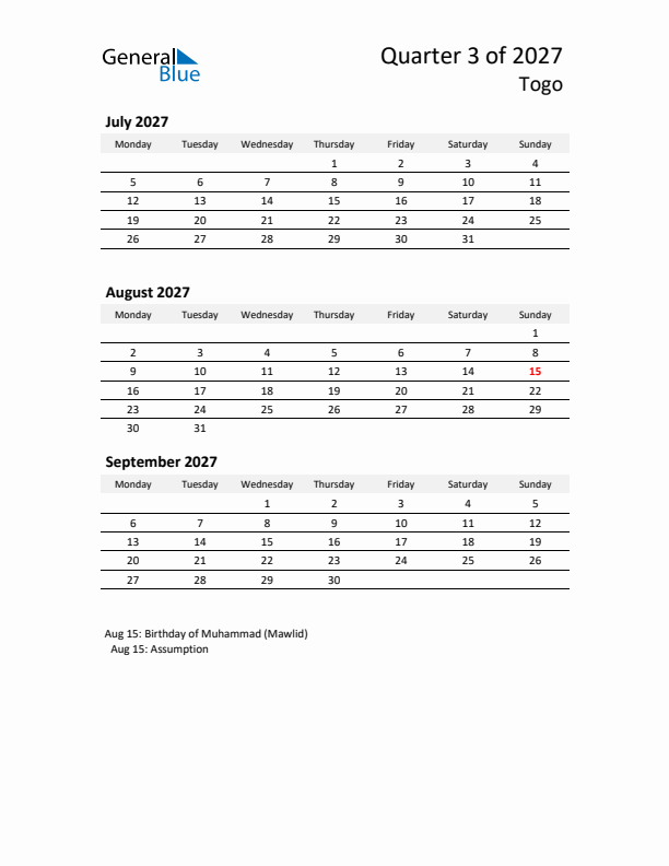 2027 Q3 Three-Month Calendar for Togo