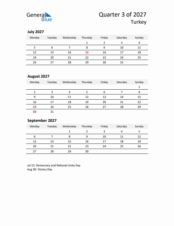 2027 Q3 Three-Month Calendar for Turkey